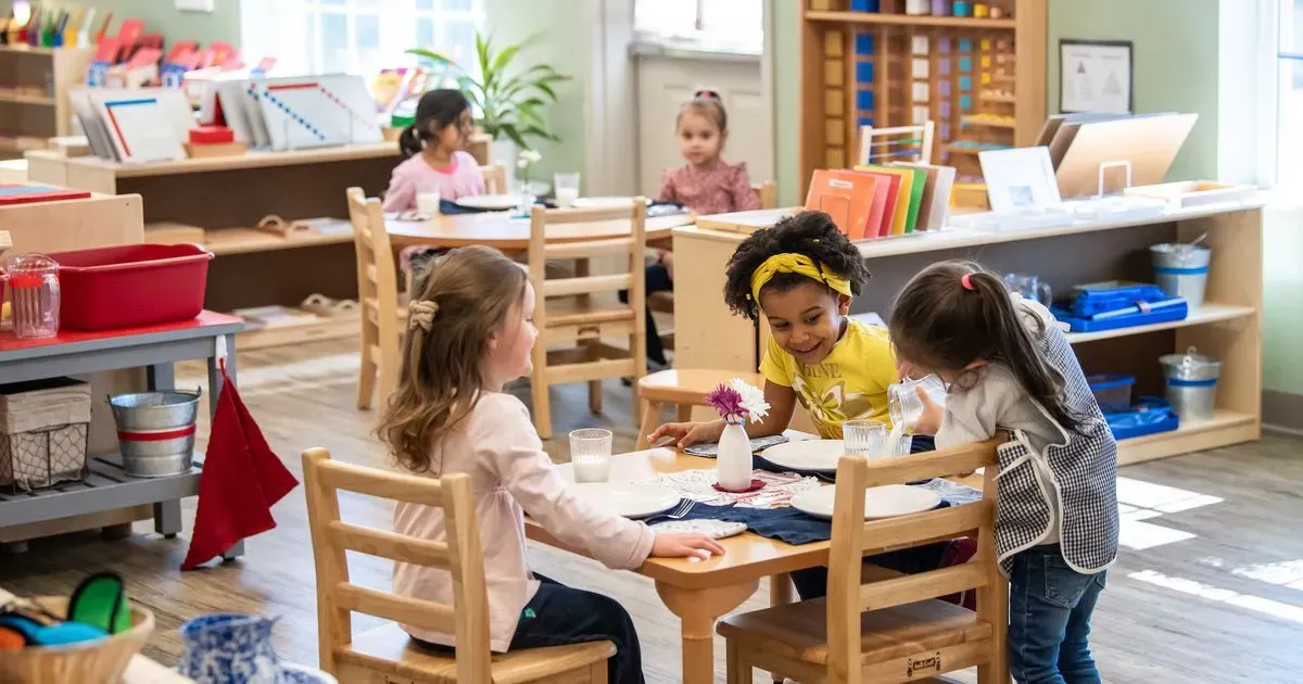 Children interacting with Montessori materials