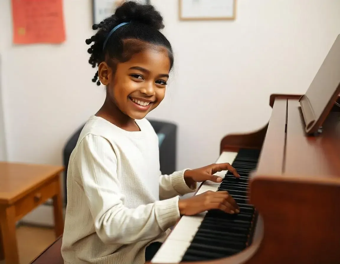 Child learning keyboard notes in music class